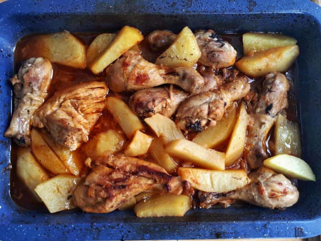 Baked Chicken and Potatoes with Tomato Sauce