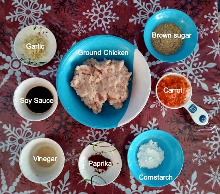 Ingredients of Chicken Longganisa includees brown sugar, carrot, garlic, ground chicken, cornstarch, paprika, vinegar, and soy sauce