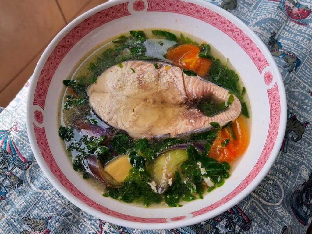 A filipino soup recipe fish tinola containing Spanish mackerel steak, ginger, lemongrass, moringa, and eggplant in a flavorful broth served in a plate bowl.